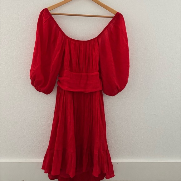 Elegant red mini dress with puff sleeves and tie back size small. - Picture 2 of 4